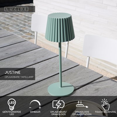 Lucide JUSTINE - Oplaadbare Tafellamp Binnen/Buiten - Accu/Batterij - LED Dimb. - 1x2W 2700K - IP54 - Met draadloos oplaadstation - Groen